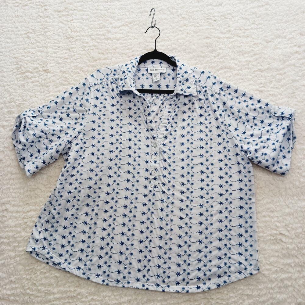 Blouse Blue Embroidered Boho Cottagecore Whimsycore Casual Coastal Cozy Size 1X